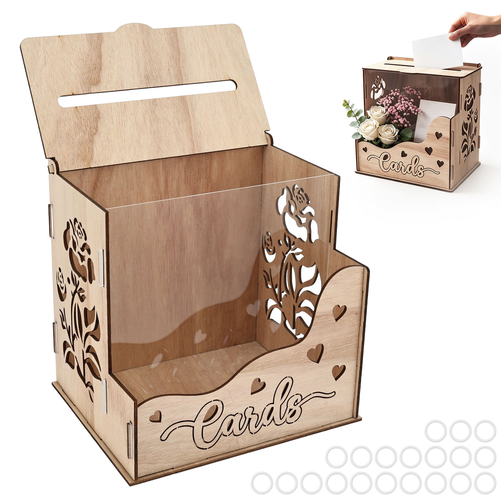 Wedding Card Box - Houten feestkaartendoos met acrylvenster en bloembak