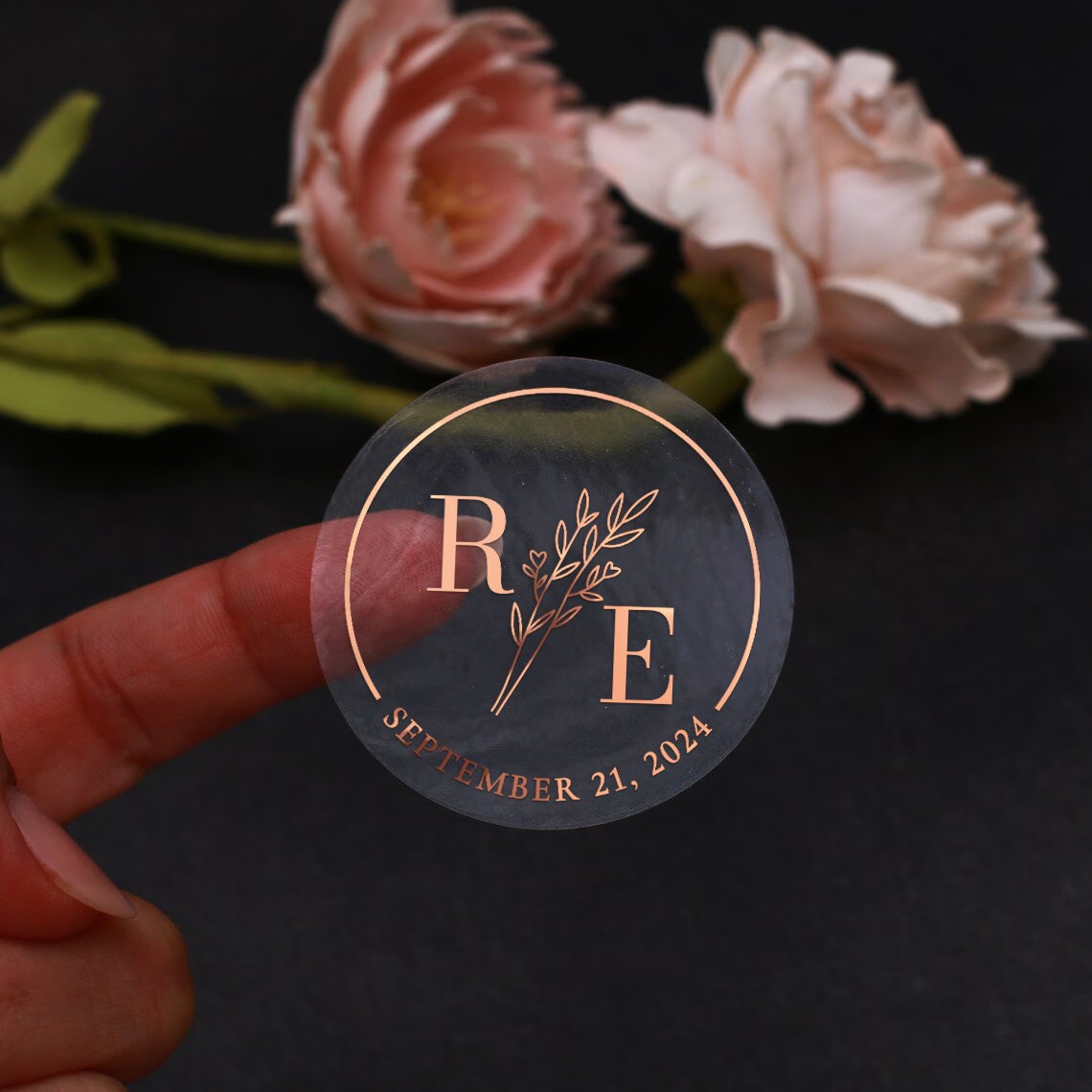 Wedding Envelopes - Duidelijke botanische trouwstickers, gepersonaliseerde folie-envelopzegels, monogram