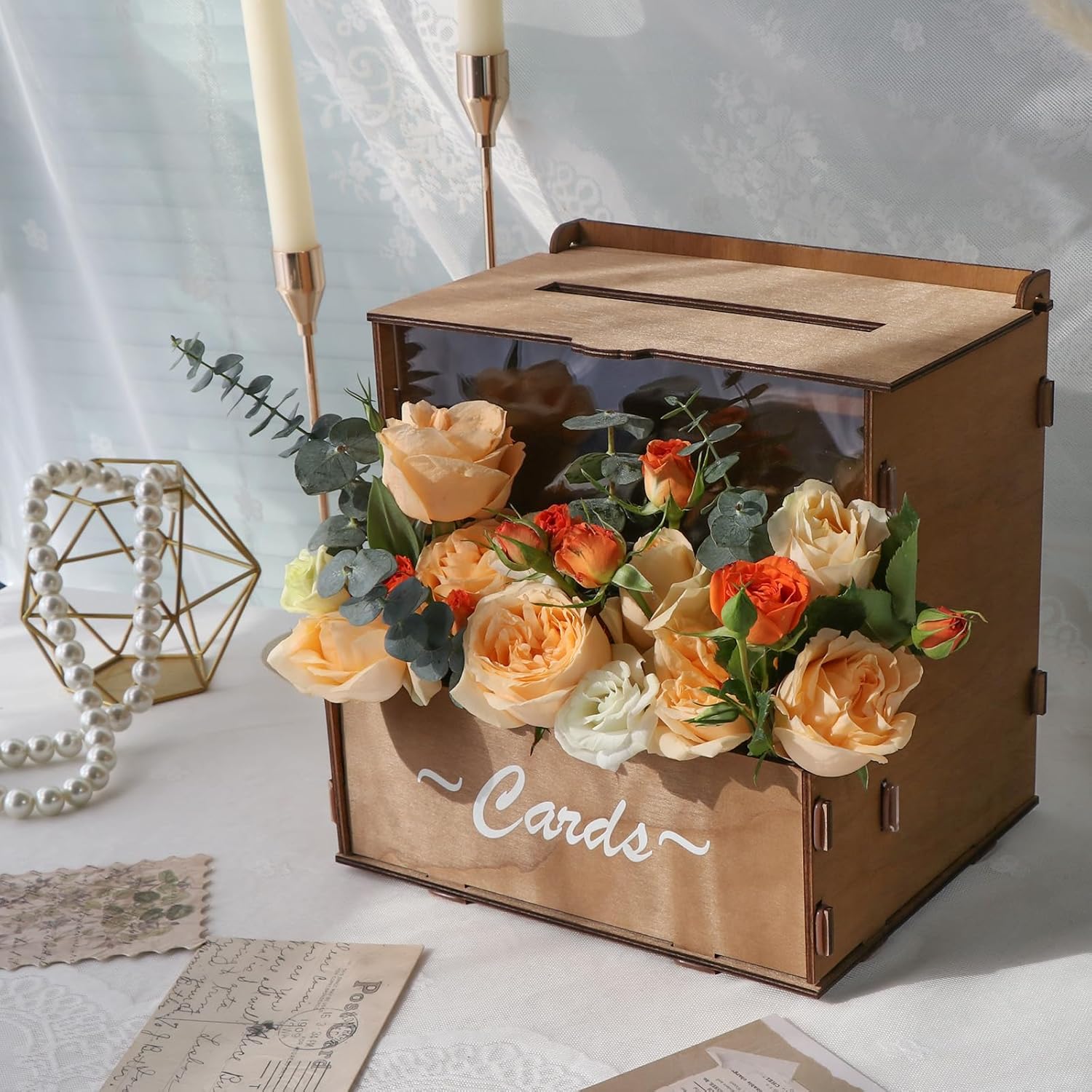 Wedding Card Box - Houten trouwkaartdoos met bloementrog Bruine cadeaukaartdoos
